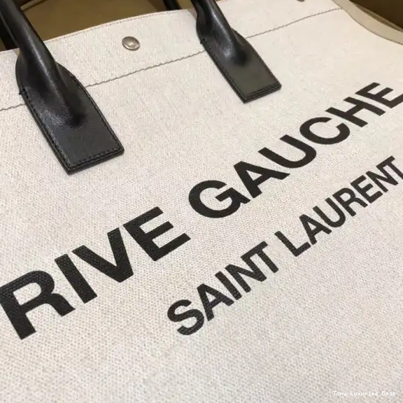 Tony Luxuries IN YSL BAG LEATHER RIVE AND LINEN TOTE GAUCHE 0608